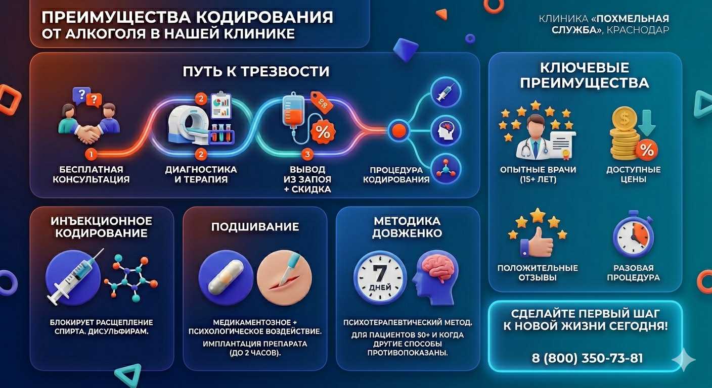 Инфографика о методах кодирования от алкоголя в Новороссийске: инъекции, подшивание, метод Довженко. Преимущества клиники и этапы лечения.