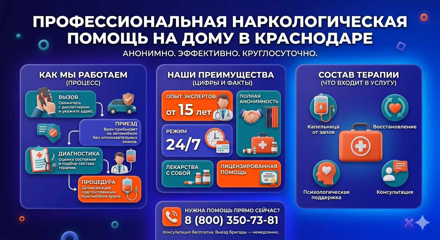 Инфографика о принципах лечения алкоголизма на дому в Новороссийске: этапы вызова нарколога, преимущества анонимной детоксикации и состав медицинской помощи.